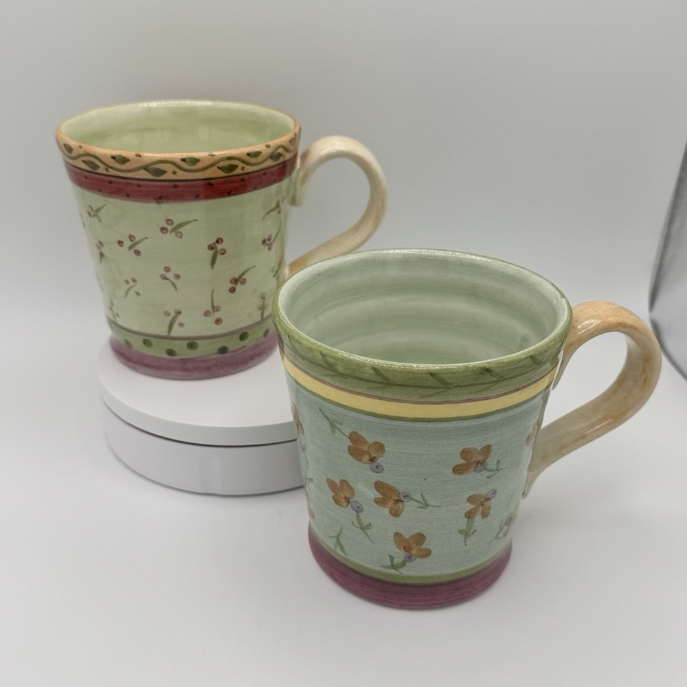 Culinary Arts Studio‎ Julie Ingleman Floral Porcelain Mugs Set of 2 Green Pink